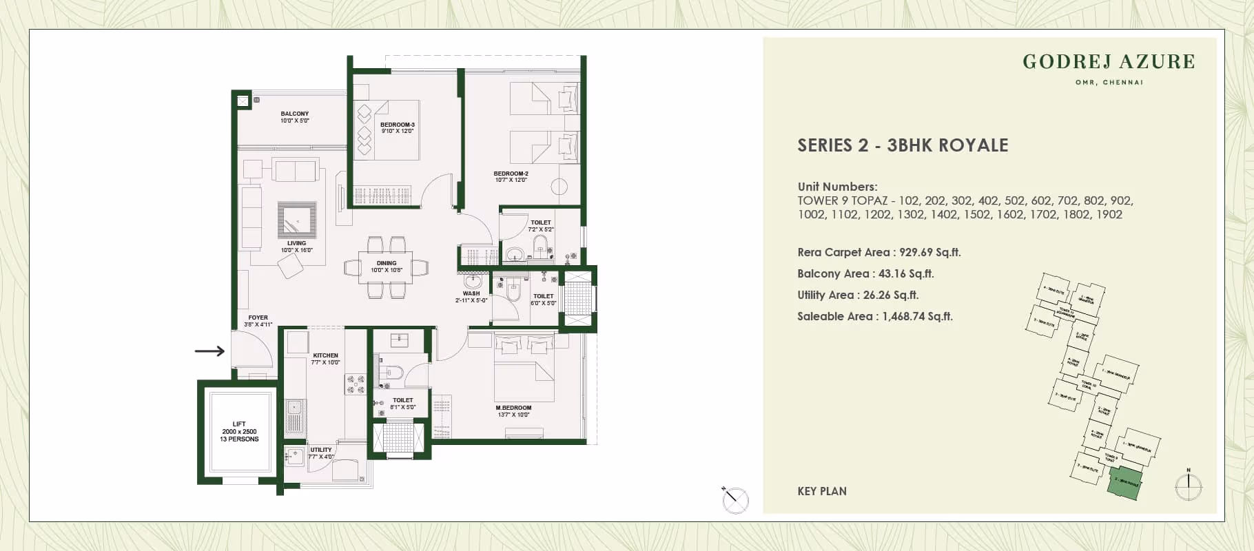 Spacious 3 BHK Elite/Royale floor plan at Godrej Azure, OMR Chennai